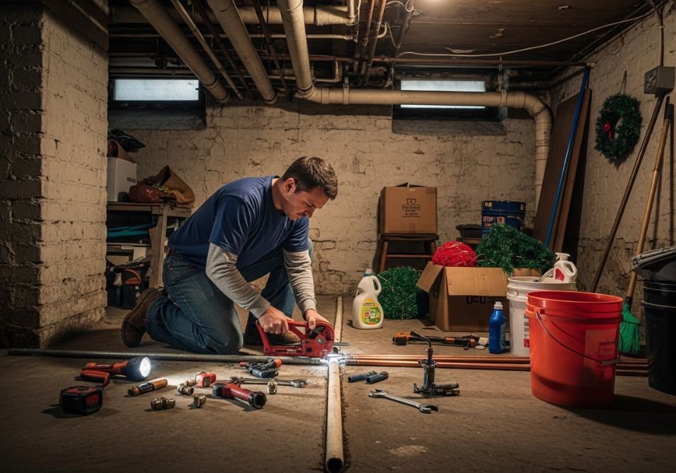 Male plumber kneeling on a basement floor while cutting an old pipe with a handheld tool, surrounded by scattered plumbing tools, fittings, buckets, and storage items in an older NYC home.