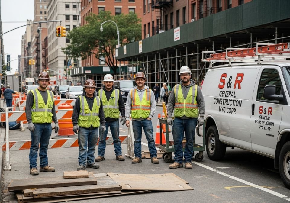 Construction workers from S & R General Construction NYC Corp. standing at an active NYC street job site beside a company van.