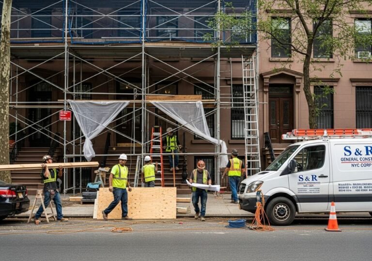 S & R General Construction NYC Corp. workers renovating a brownstone exterior with scaffolding, ladders, and a company van on-site.