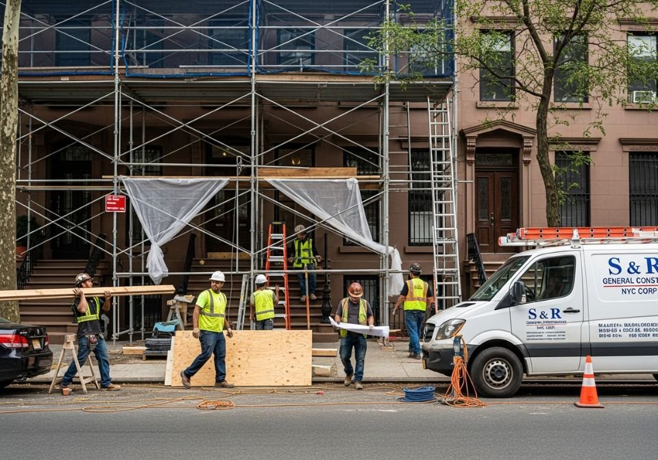 S & R General Construction NYC Corp. workers renovating a brownstone exterior with scaffolding, ladders, and a company van on-site.