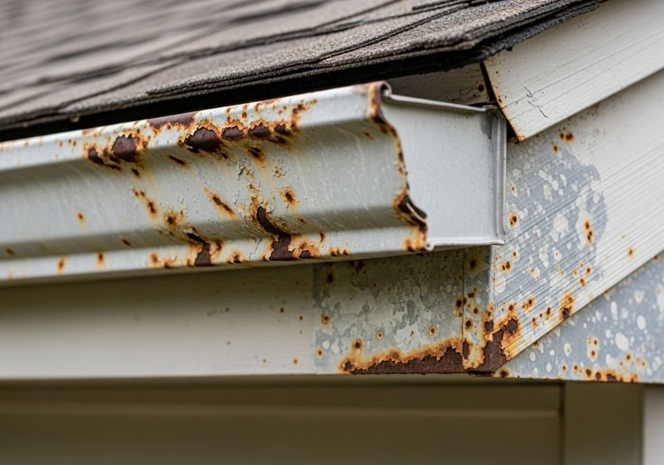Severely Rusted and Corroded Metal Gutter on Home Exterior