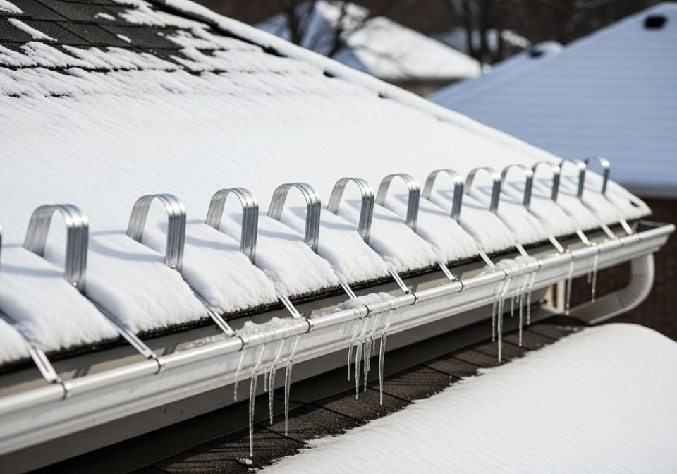 Snow-covered roof with metal snow guards and icicles forming on the gutters of a Brooklyn home, showing early signs of ice dam formation during winter.