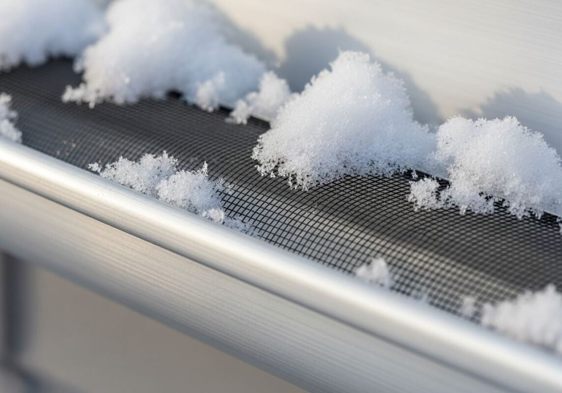 Close-up of snow resting on a metal gutter guard on a Brooklyn home, showing how gutter protection helps prevent clogs and ice buildup during winter.