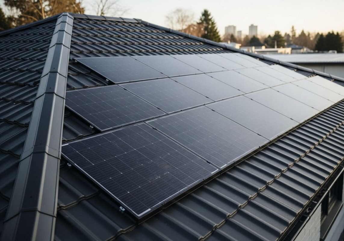 Solar panels mounted on a modern metal roof, capturing sunlight for home energy production.