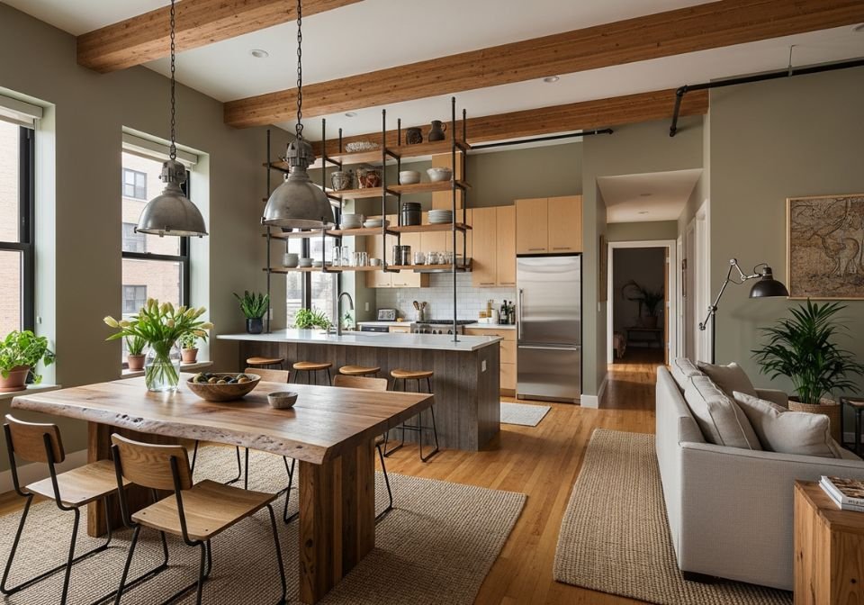 Home Remodel Design:
A bright and cozy biophilic-style living room featuring lush indoor plants, bamboo furniture, warm natural textures, and abundant daylight.