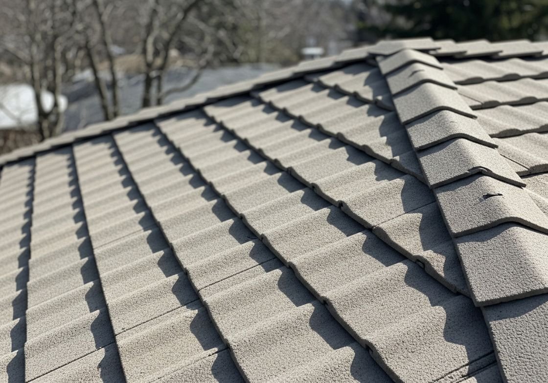 Textured concrete roof tiles on a residential roof with soft daylight shadows.