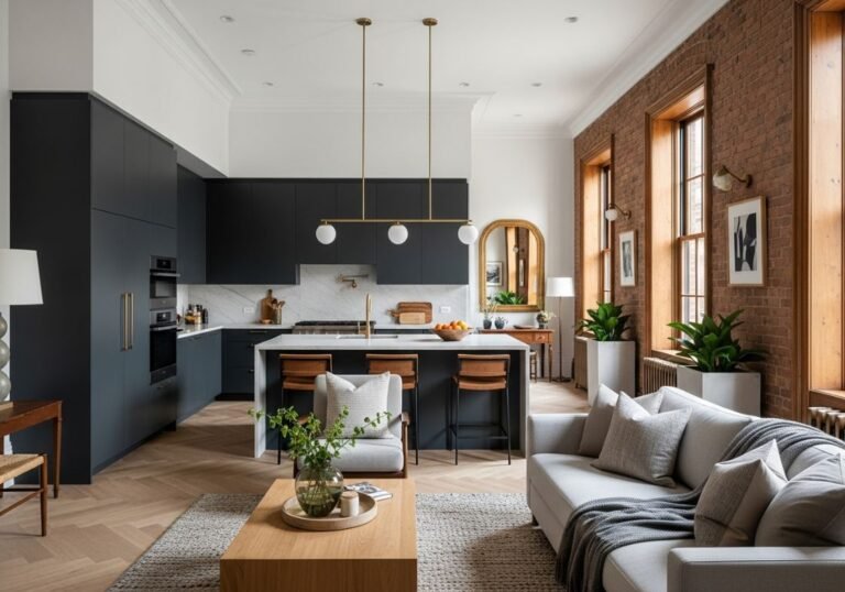 A modern Brooklyn kitchen featuring matte black cabinets, marble backsplash, wooden accents, and tall windows with exposed brick framing.