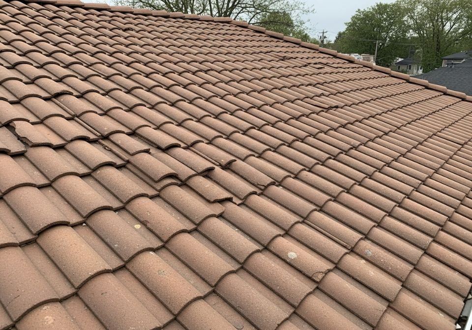 Close-up image of traditional curved clay roof tiles on a residential sloped roof.