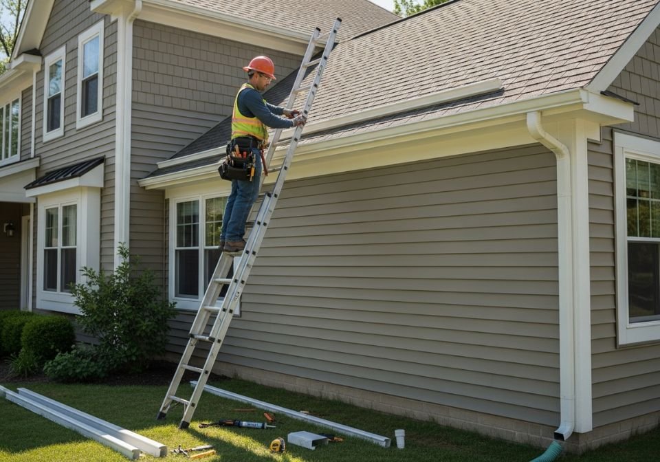 Construction worker wearing safety gear installing new white aluminum gutters on a modern American house with tan vinyl siding and asphalt shingle roof using ladder and tools