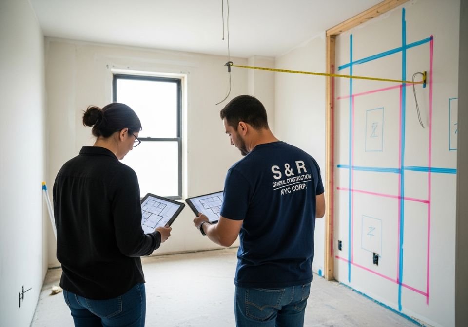 S&R contractors reviewing layout plans inside a room under renovation.