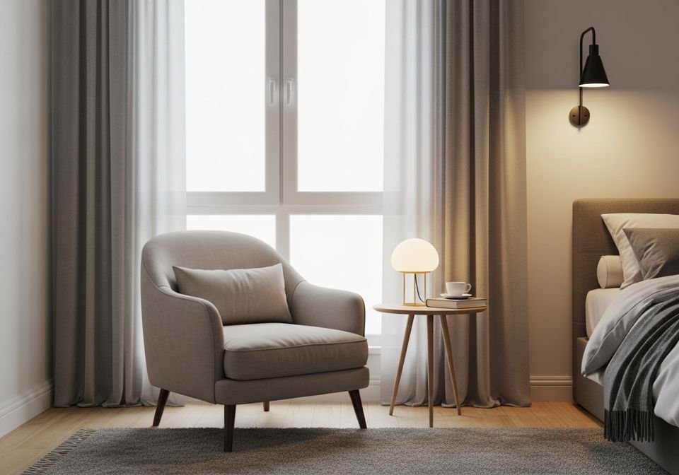 Cozy bedroom reading nook with armchair, side table, and soft lighting.