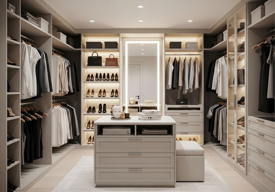 Luxury walk-in closet with custom shelving, LED lighting, and a central island.