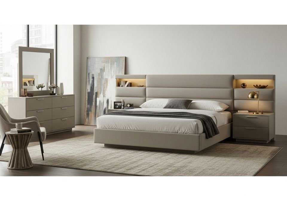 Modern bedroom with custom lighted headboard and neutral furniture.