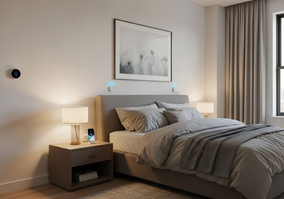Modern bedroom with smart thermostat and soft bedside lighting.