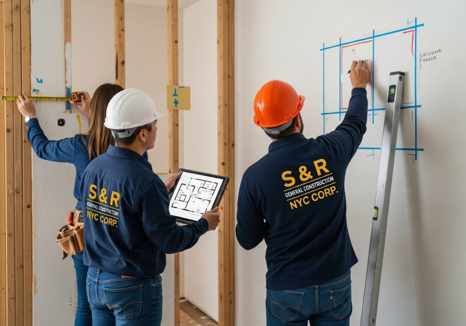 S&R construction team measuring and marking wall layout during renovation.