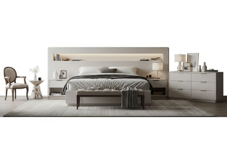Modern bedroom with custom lighted headboard and neutral furniture.