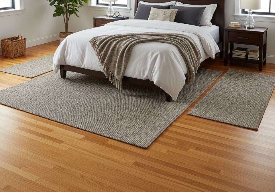 Bedroom with hardwood floors and layered neutral area rugs.