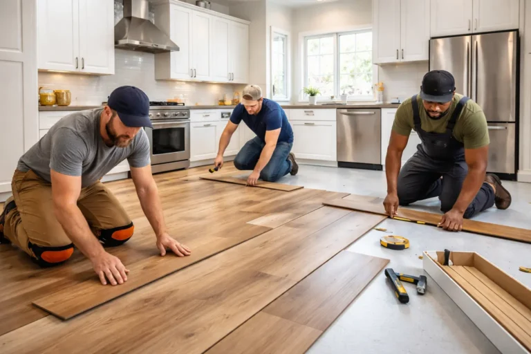 Workers performing Kitchen floor installation in a modern kitchen with wood-look flooring panels