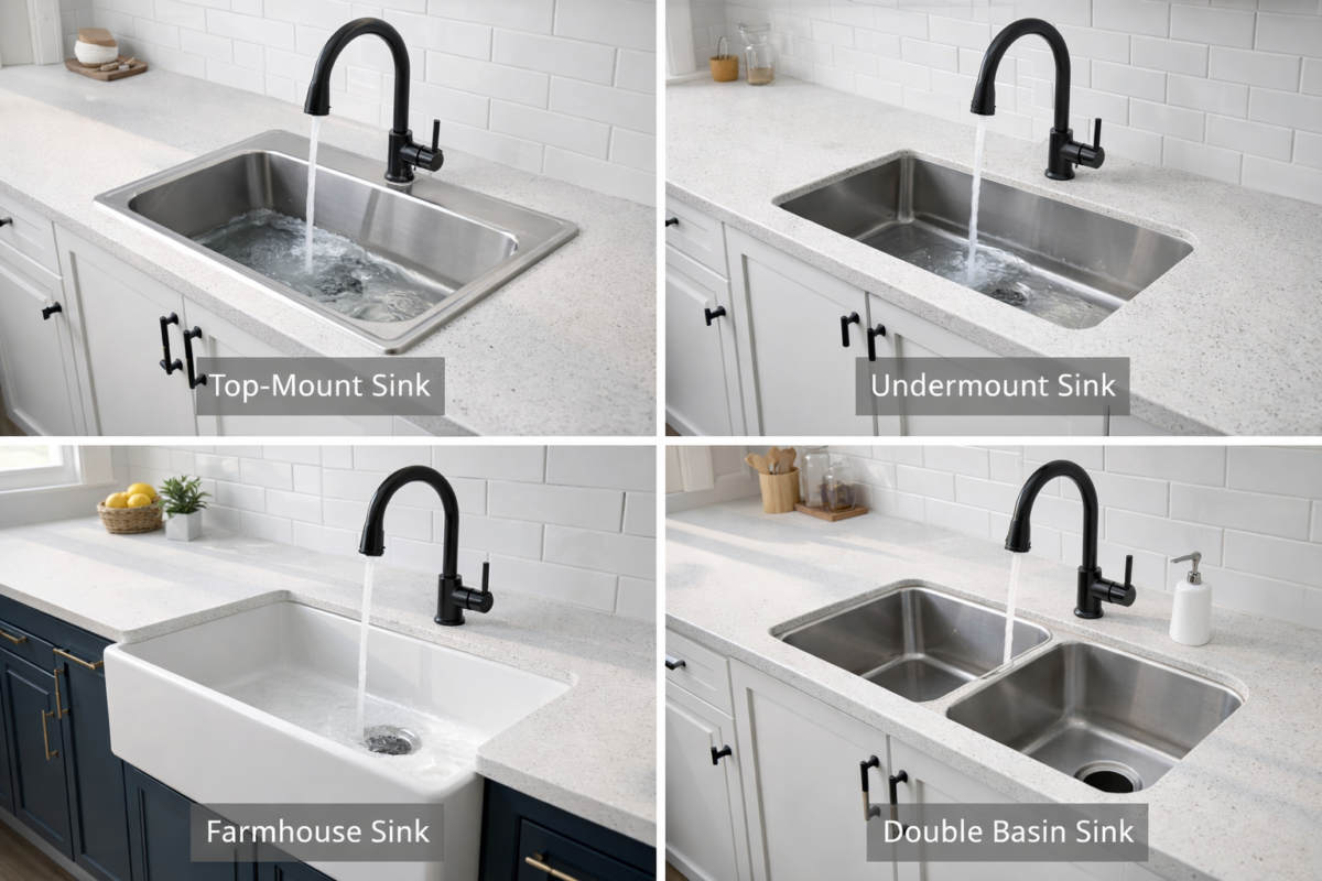 Different kitchen sink design types including top mount undermount farmhouse and double basin kitchen sink design
