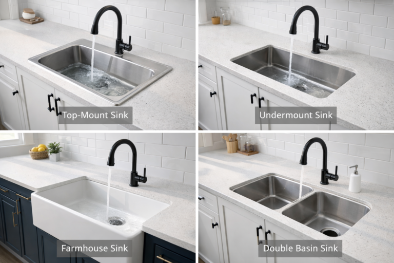 Different kitchen sink design types including top mount undermount farmhouse and double basin kitchen sink design