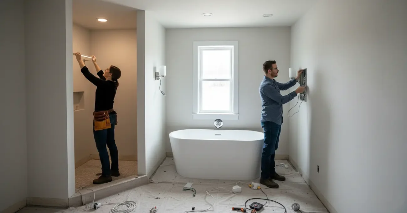 Installers working on bathroom lighting design, adding lights for the bathtub and shower areas during a remodel.
