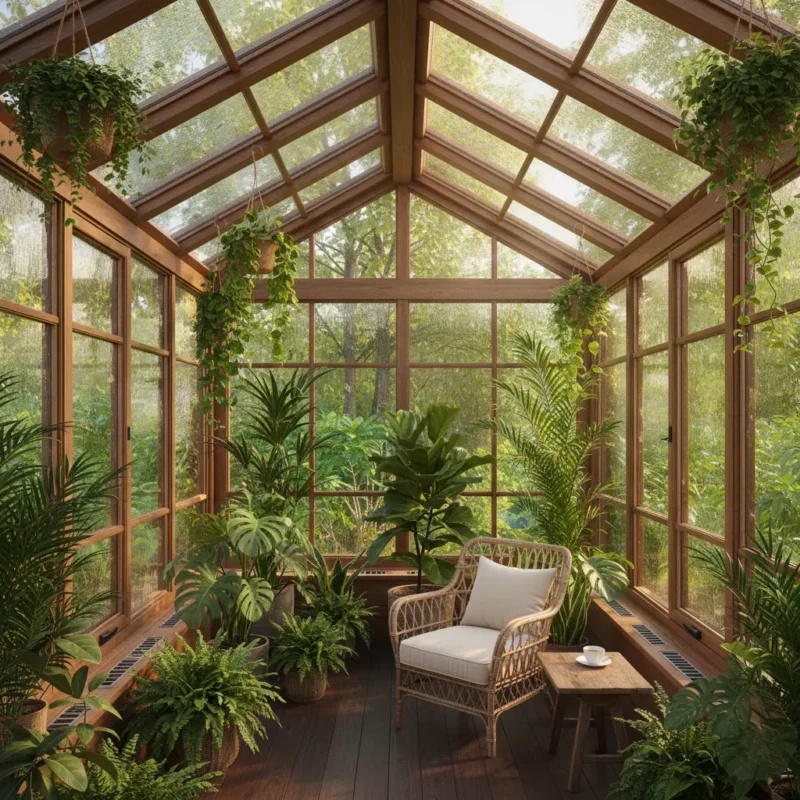 Attic conversion design idea of a biophilic mini-conservatory with a glass roof, indoor plants, and seating in a light-filled space.