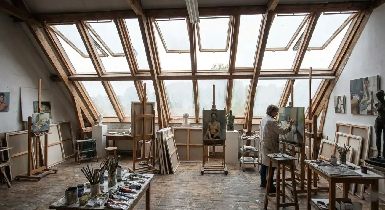 Attic conversion design featuring a north-light artist studio with operable roof windows, easels, and abundant natural light.