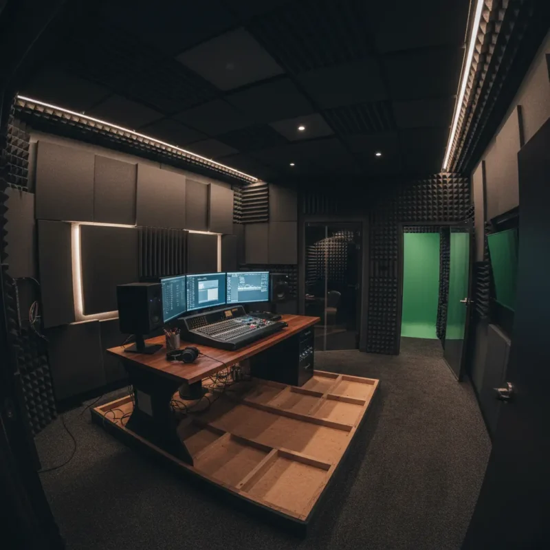 Attic conversion design media loft with acoustic panels and soundproofing, designed for higher STC/IIC noise reduction.