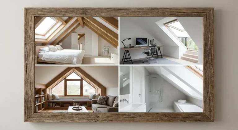 Attic conversion collage showing a loft bedroom, home office, seating area, and bathroom under sloped ceilings with skylights.