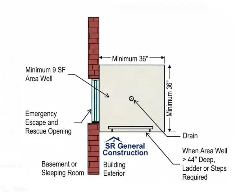 Basement renovation egress window and window well diagram showing minimum clearance dimensions, drain, and ladder/steps requirements.