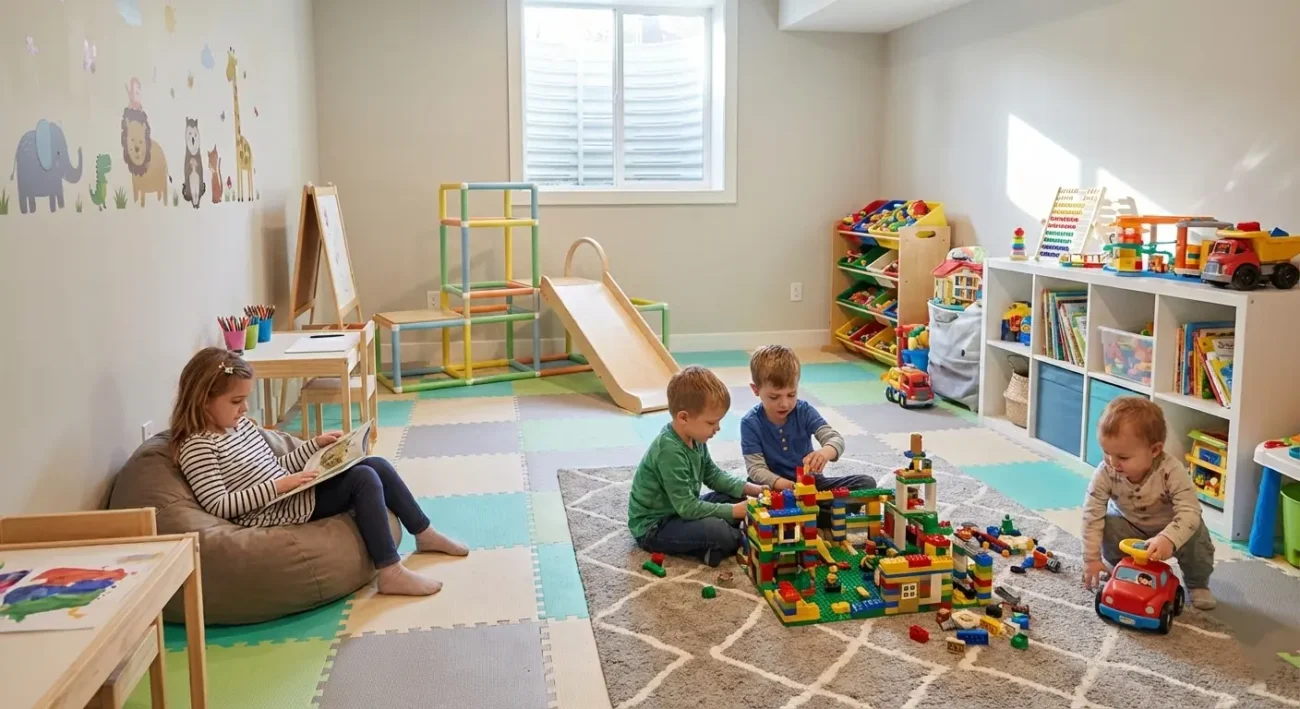 Basement renovation playroom for kids with foam floor mats, toy storage, and a bright finished basement space.