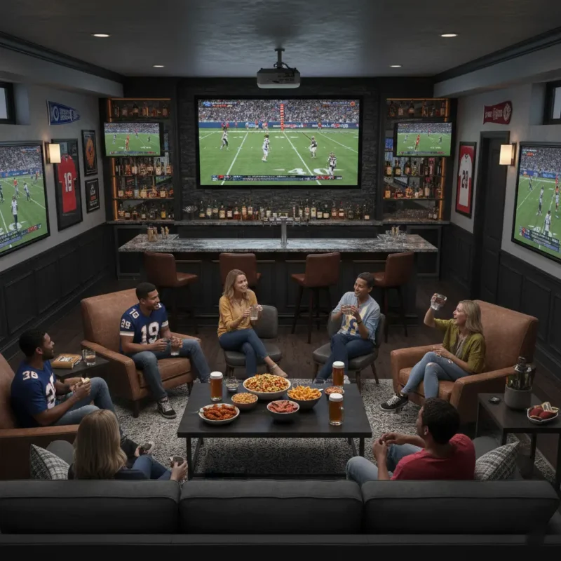 Basement renovation sports bar with multiple TVs, a built-in bar, and lounge seating for watching games.