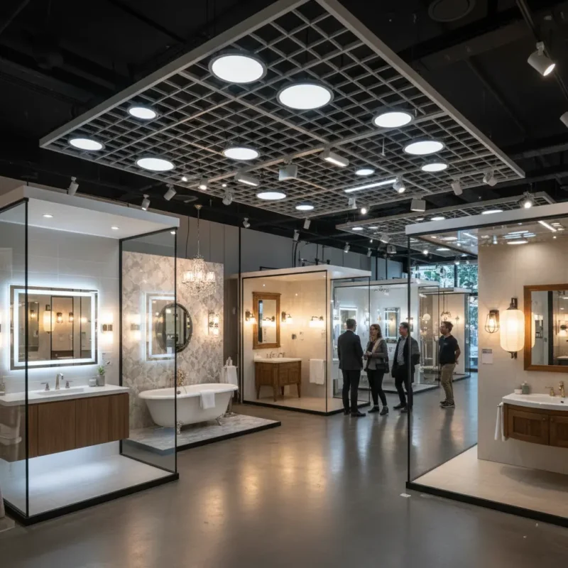 Bathroom lighting design showroom showing different lighting types, including vanity mirror lights, ceiling downlights, and accent fixtures.