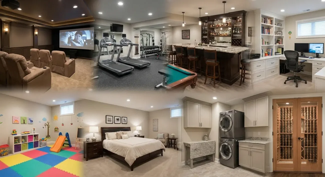 Basement renovation design ideas collage showing a home theater, gym, bar, office, playroom, bedroom, laundry area, and wine storage.