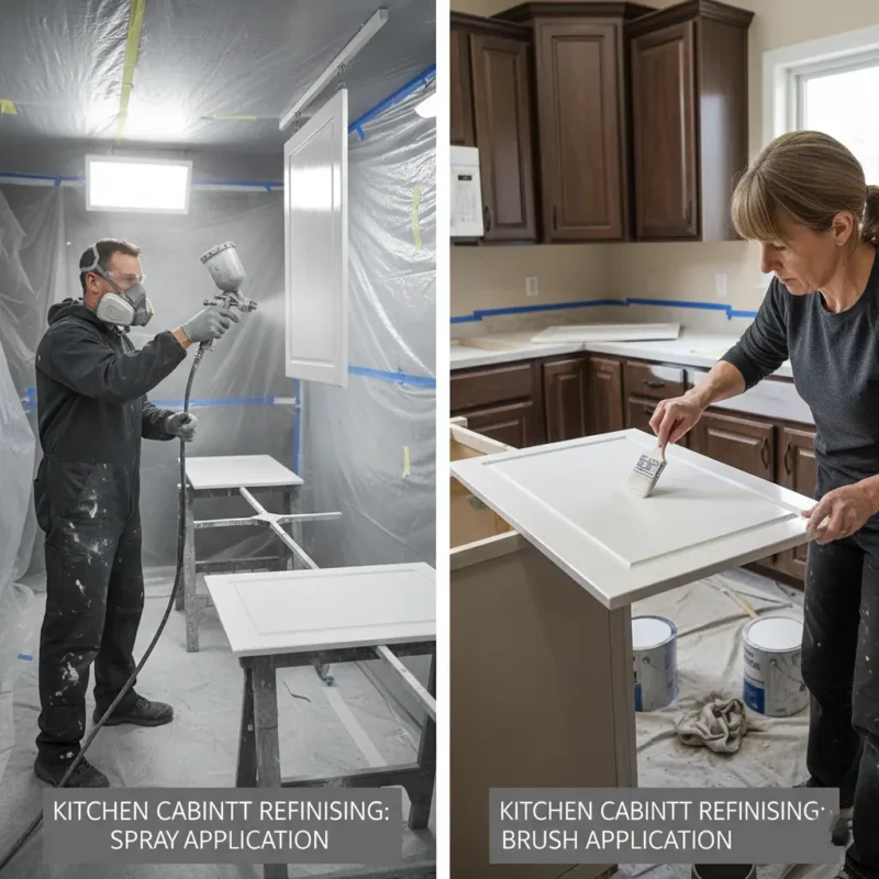 Cabinet refinishing comparison showing spray application versus brush application when refinishing kitchen cabinet doors.