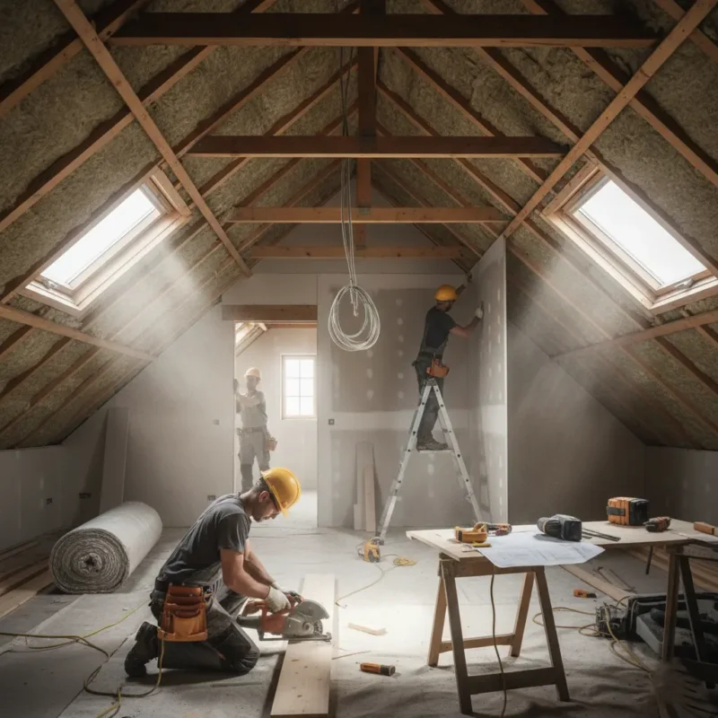 Contractors working on an attic conversion design, installing insulation and drywall during a loft renovation.