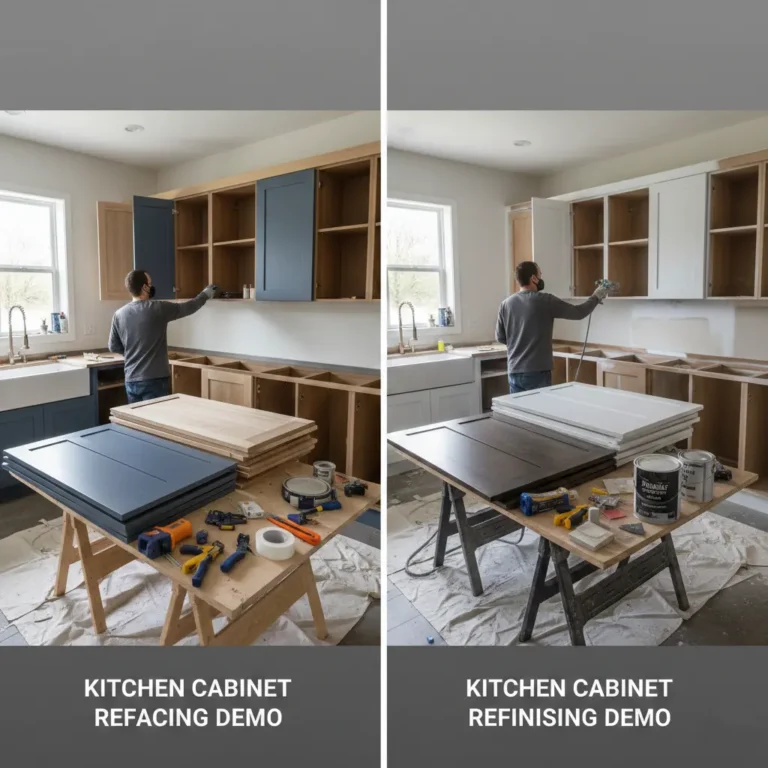 Refacing vs refinishing side-by-side demo showing a kitchen cabinet refacing setup and a kitchen cabinet refinishing setup.