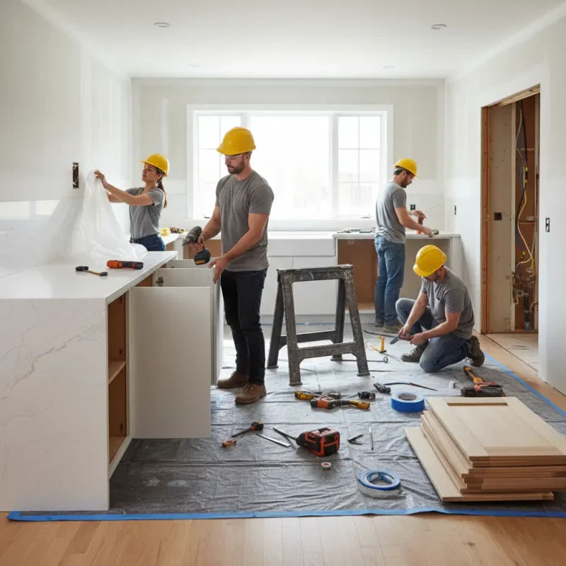Kitchen renovation case study showing a crew installing cabinets and finishing work during a real remodel project.