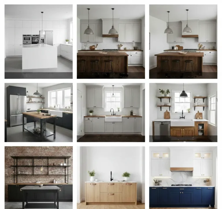 Kitchen renovation design types collage showing different kitchen styles, cabinet colors, islands, open shelving, and sink layouts.
