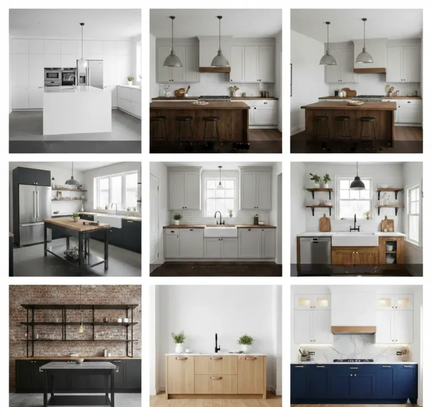 Kitchen renovation design types collage showing different kitchen styles, cabinet colors, islands, open shelving, and sink layouts.