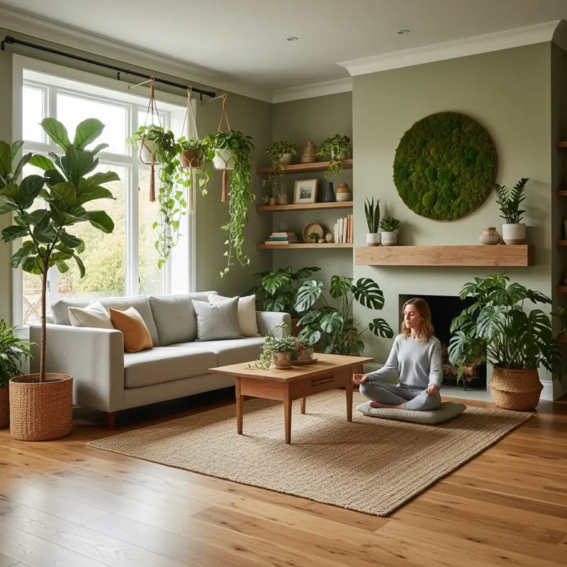 Living room renovation featuring biophilic design with indoor plants, natural wood flooring, and calming greenery decor.