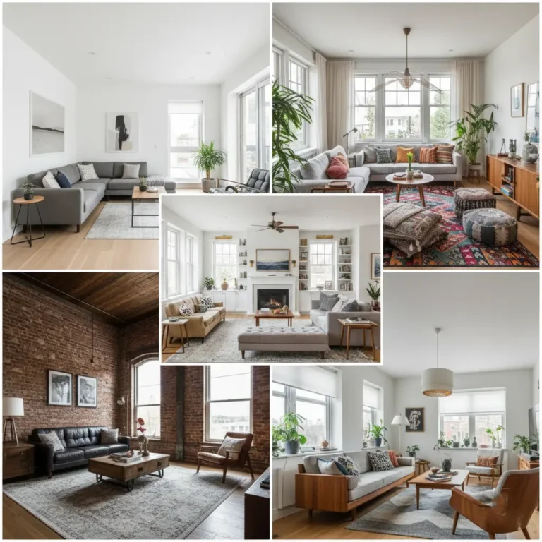 Living room renovation design ideas collage showing modern, cozy, and bright living room layouts with different sofas, rugs, and decor styles.