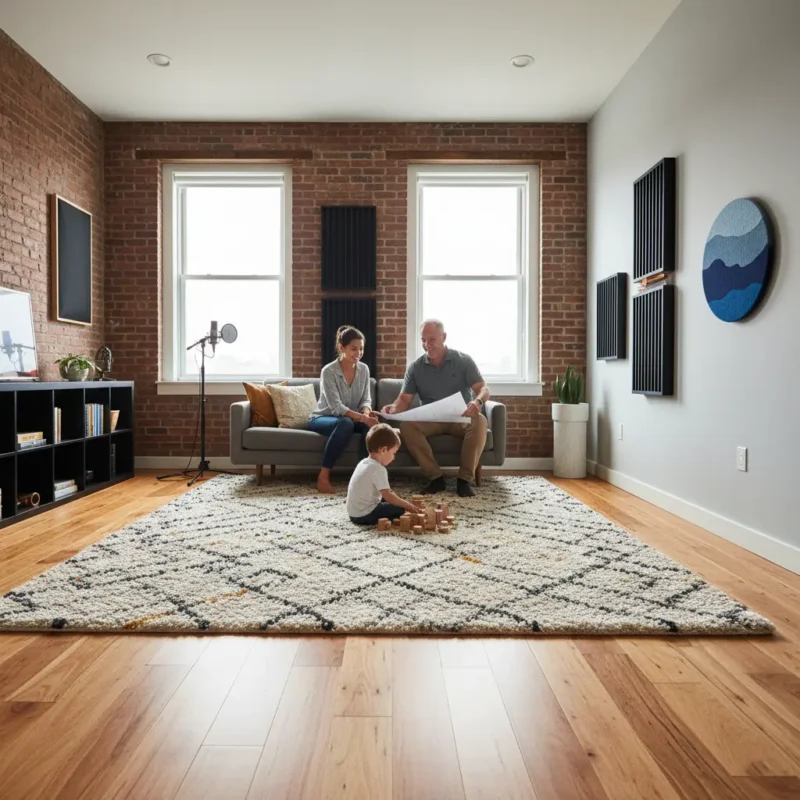 Living room renovation with new wood flooring, a large area rug, and acoustic wall panels for sound control.