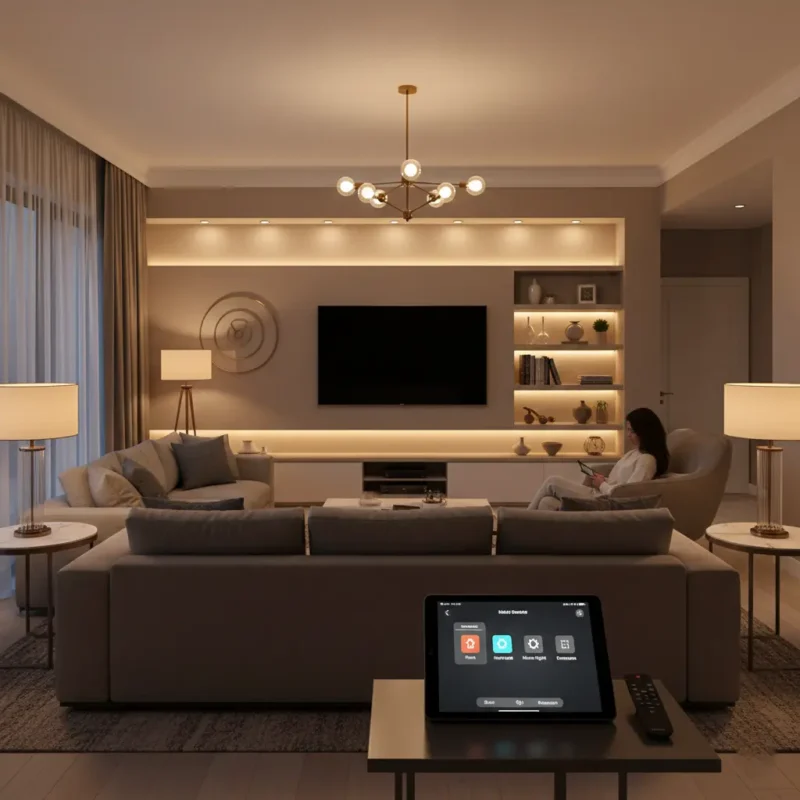 Living room renovation with layered lighting, including ceiling fixture, lamps, accent shelf lighting, and smart lighting controls on a tablet.