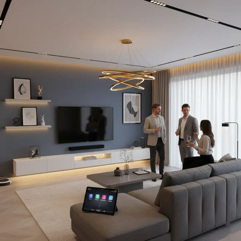 “Living room renovation tips shown in a modern space with a media wall, statement chandelier, ambient lighting, and smart controls.