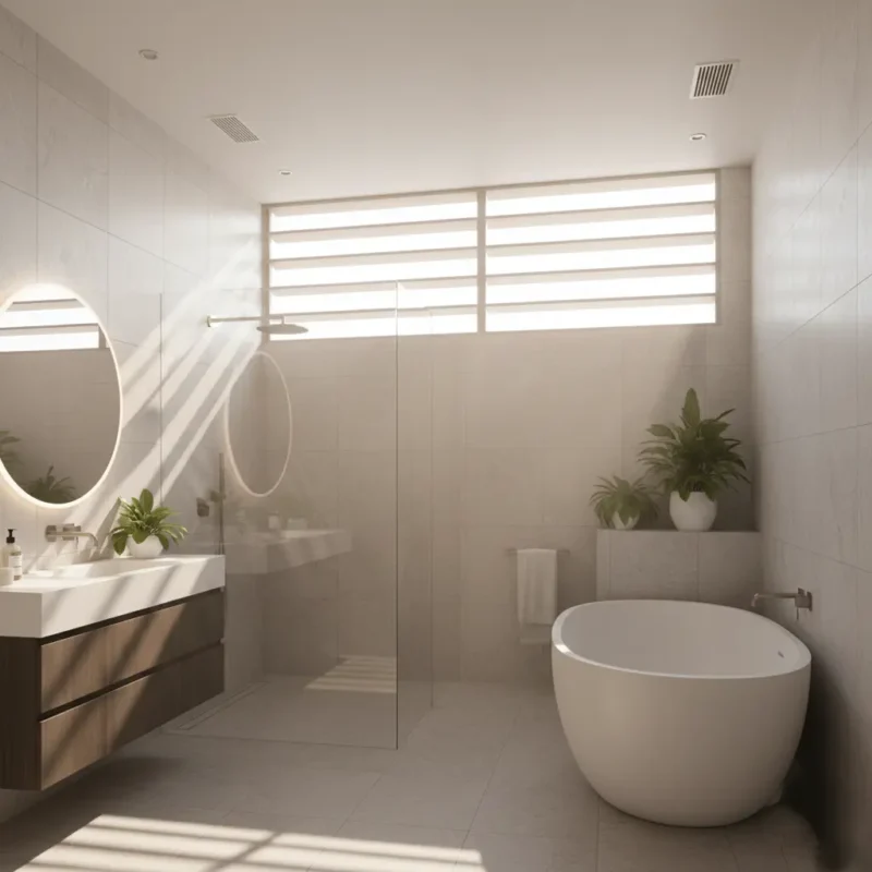 Bright bathroom lighting design maximizing natural light with a large window, glass shower panel, and freestanding tub.