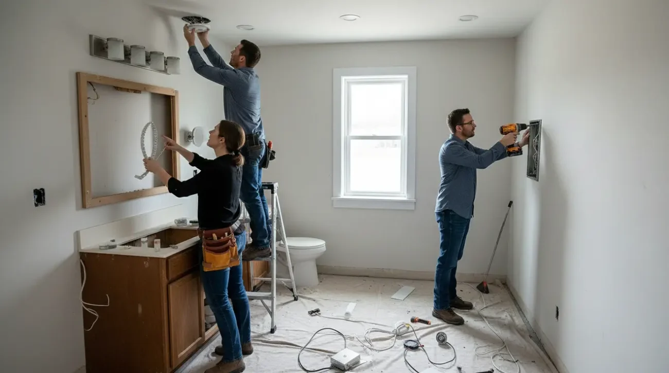 Homeowners planning bathroom lighting design by measuring and positioning fixtures during a lighting layout installation.