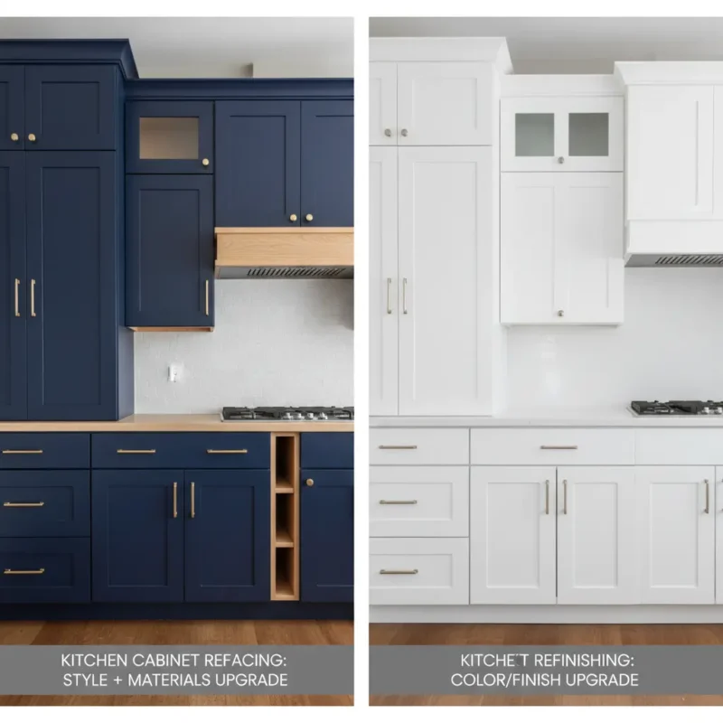 Refacing vs refinishing comparison showing bigger style/material change with refacing versus color/finish change with refinishing.