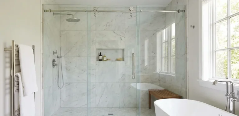 Frameless glass shower enclosure with marble walls, rainfall showerhead, and sliding glass door.