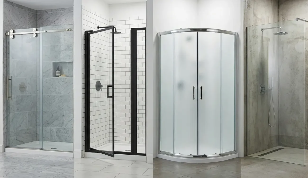 Types of shower enclosure styles shown side by side: sliding glass, hinged/pivot, curved corner enclosure, and walk-in panel.